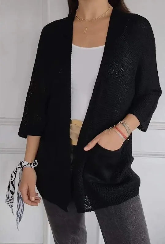 Women's waffle knit cardigan coat with nine-quarter sleeves in army green colour
