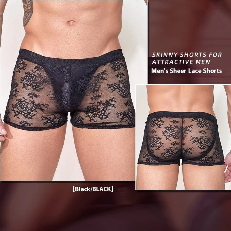 Men's black boxers with lace detailing on nylon fabric
