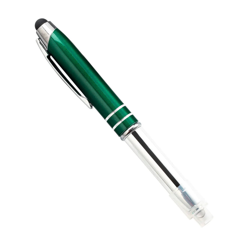 Red metal multifunctional pen with capacitive stylus tip, ballpoint, and LED light