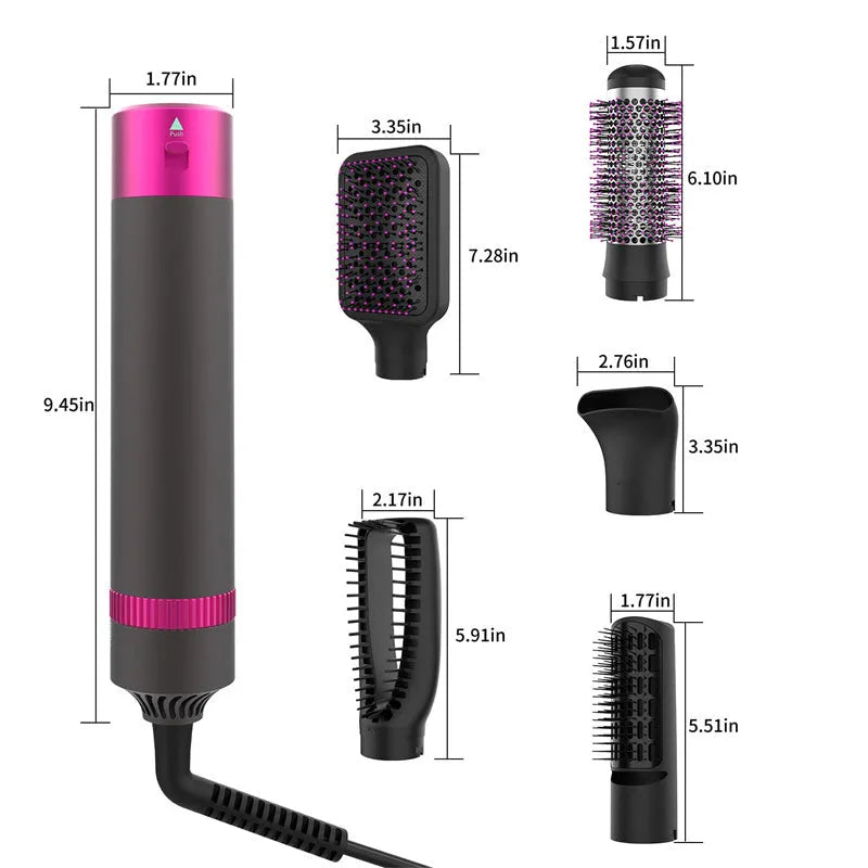 Dyson grey 5-in-1 hair dryer brush kit with five interchangeable styling heads on a white background.