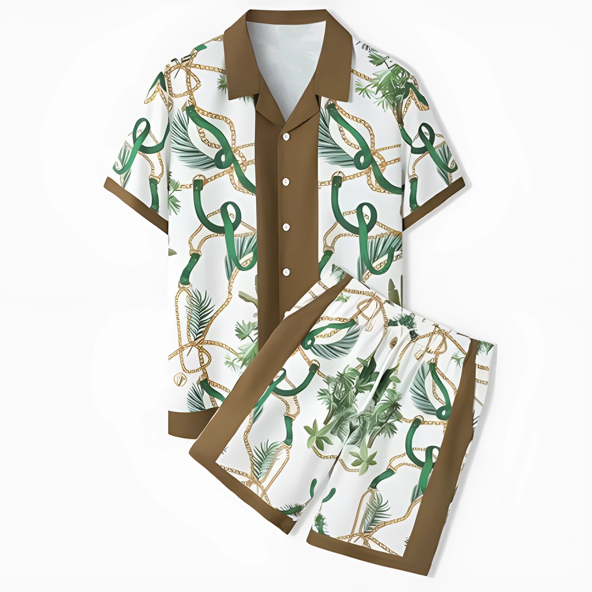 Men's plaid pattern beach outfit set with short sleeve shirt and matching trousers