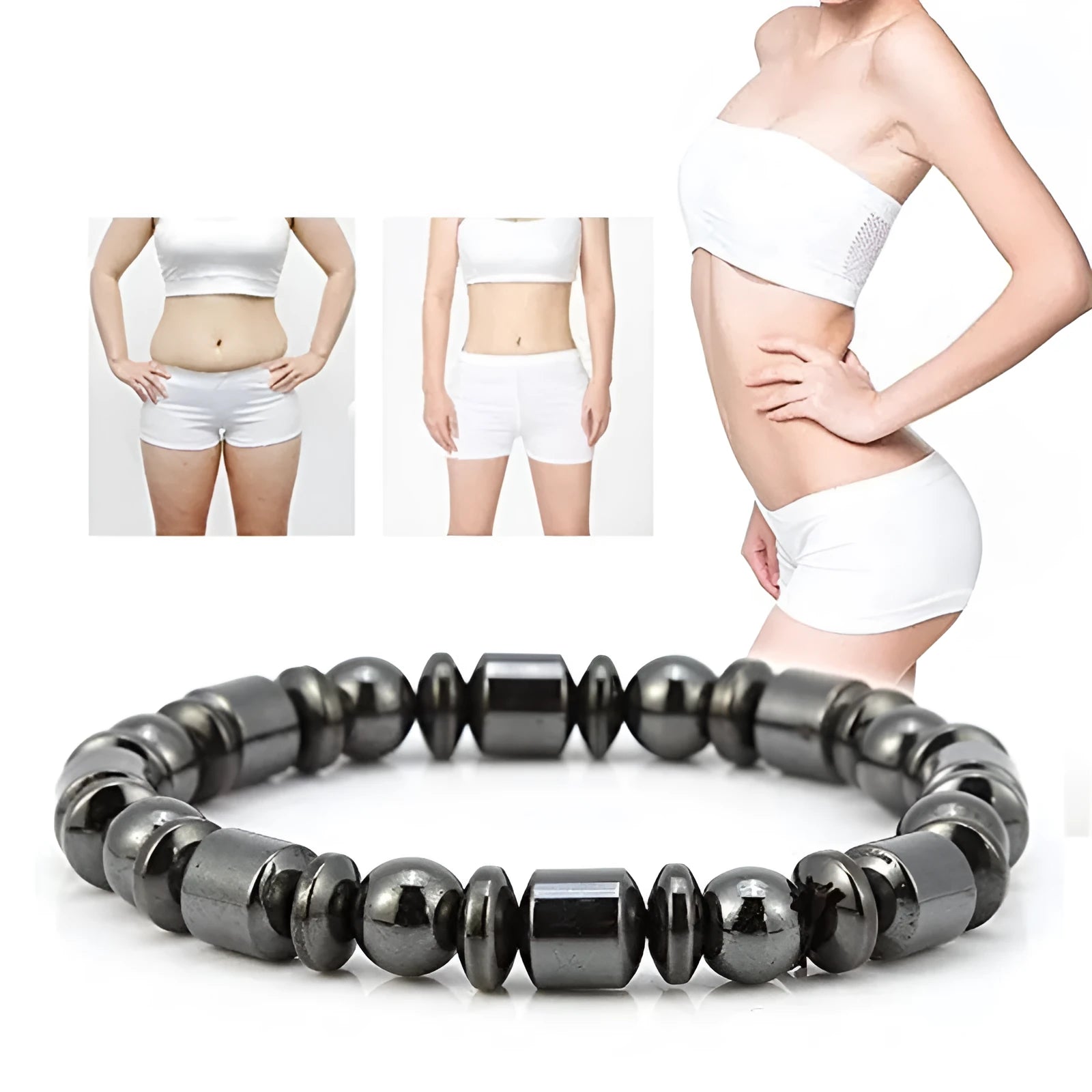 Black pentagram magnetic bracelet with magnetite and hematite stones on a wrist.