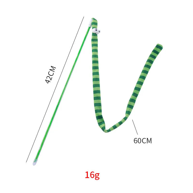 Cat wand toy with long plush strip teaser on a polycarbonate pole, shown in vibrant colours