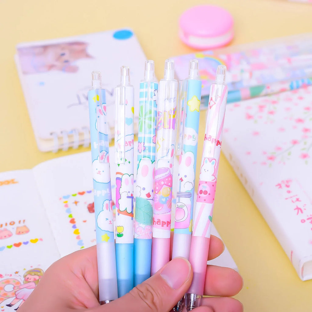 Six cartoon bunny design ballpoint pens with 0.5mm tips and neutral black ink