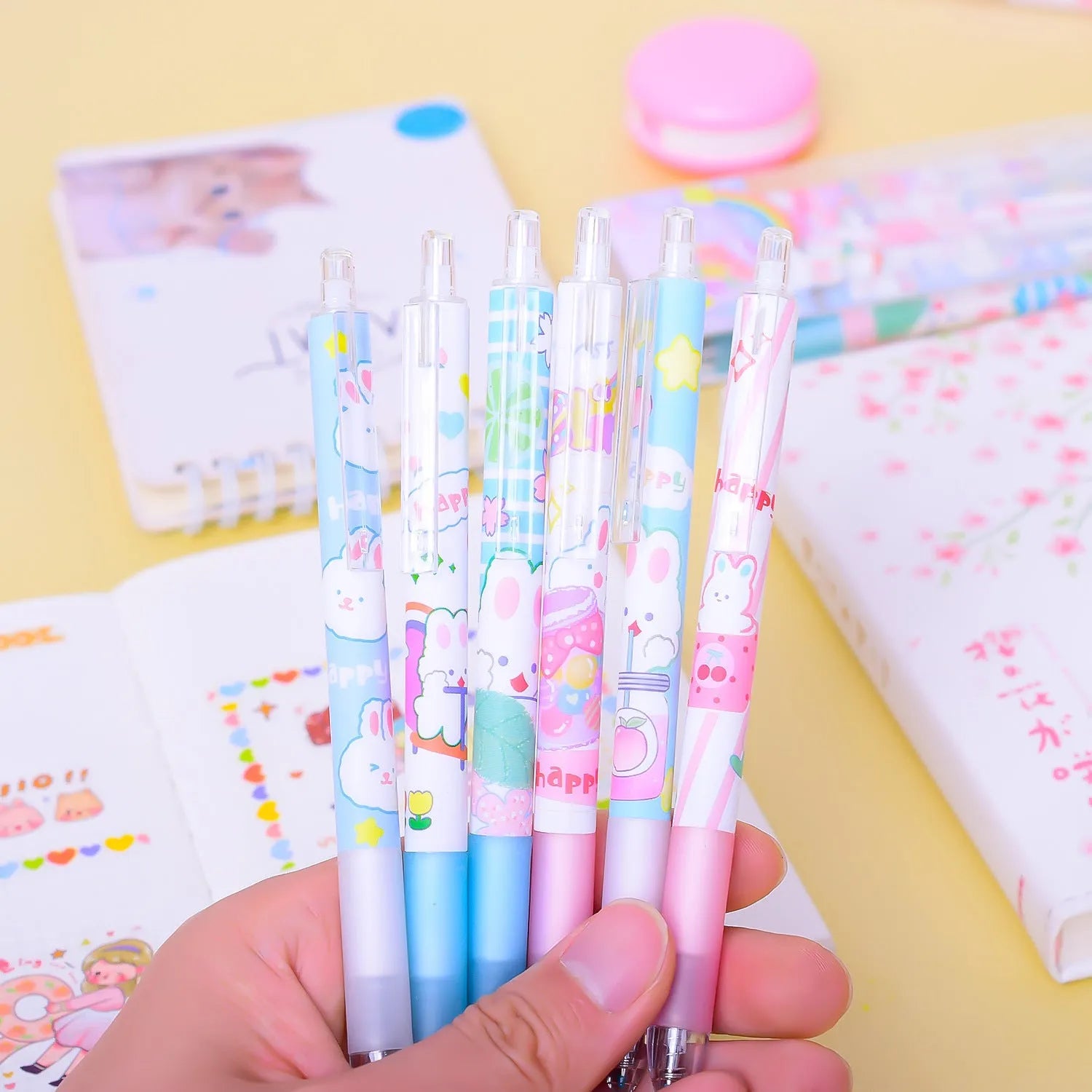 Six cartoon bunny design ballpoint pens with 0.5mm tips and neutral black ink