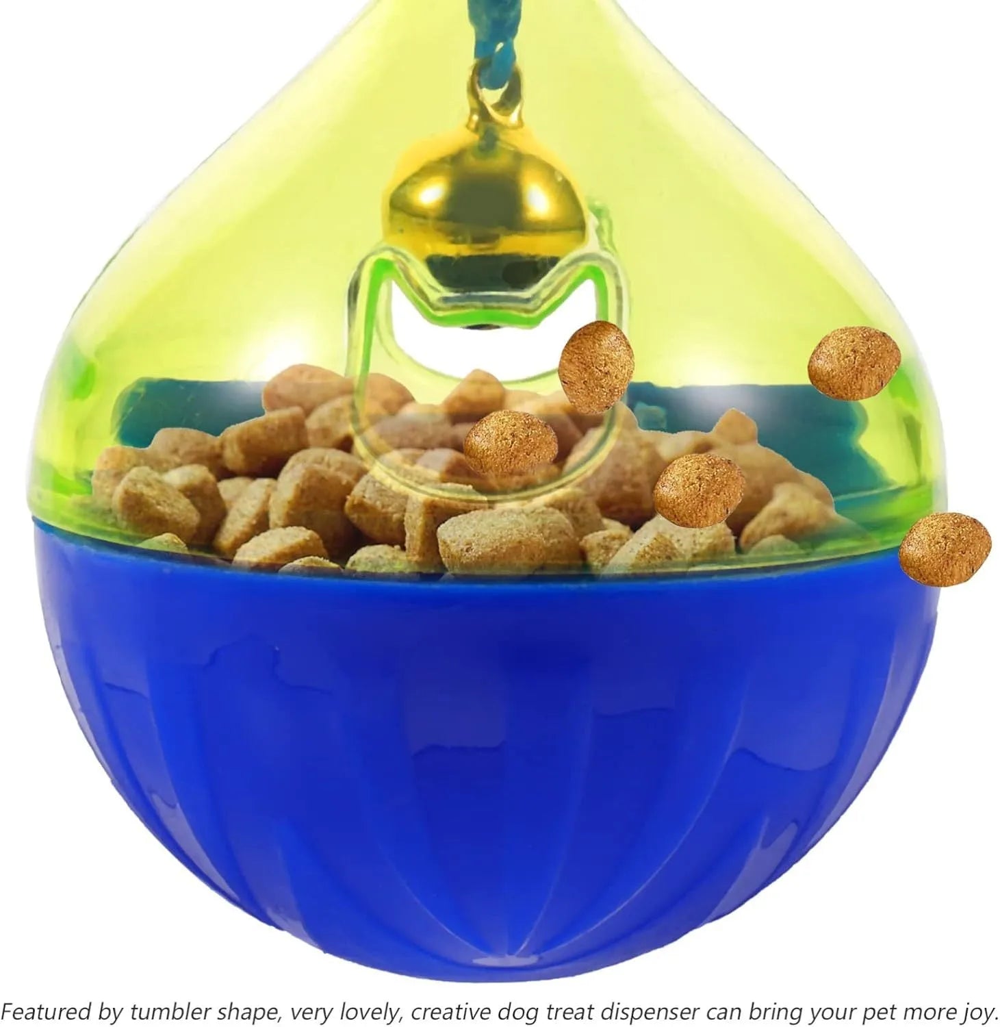 Interactive pet treat dispenser tumbler ball for dogs and cats showing 14cm size scale