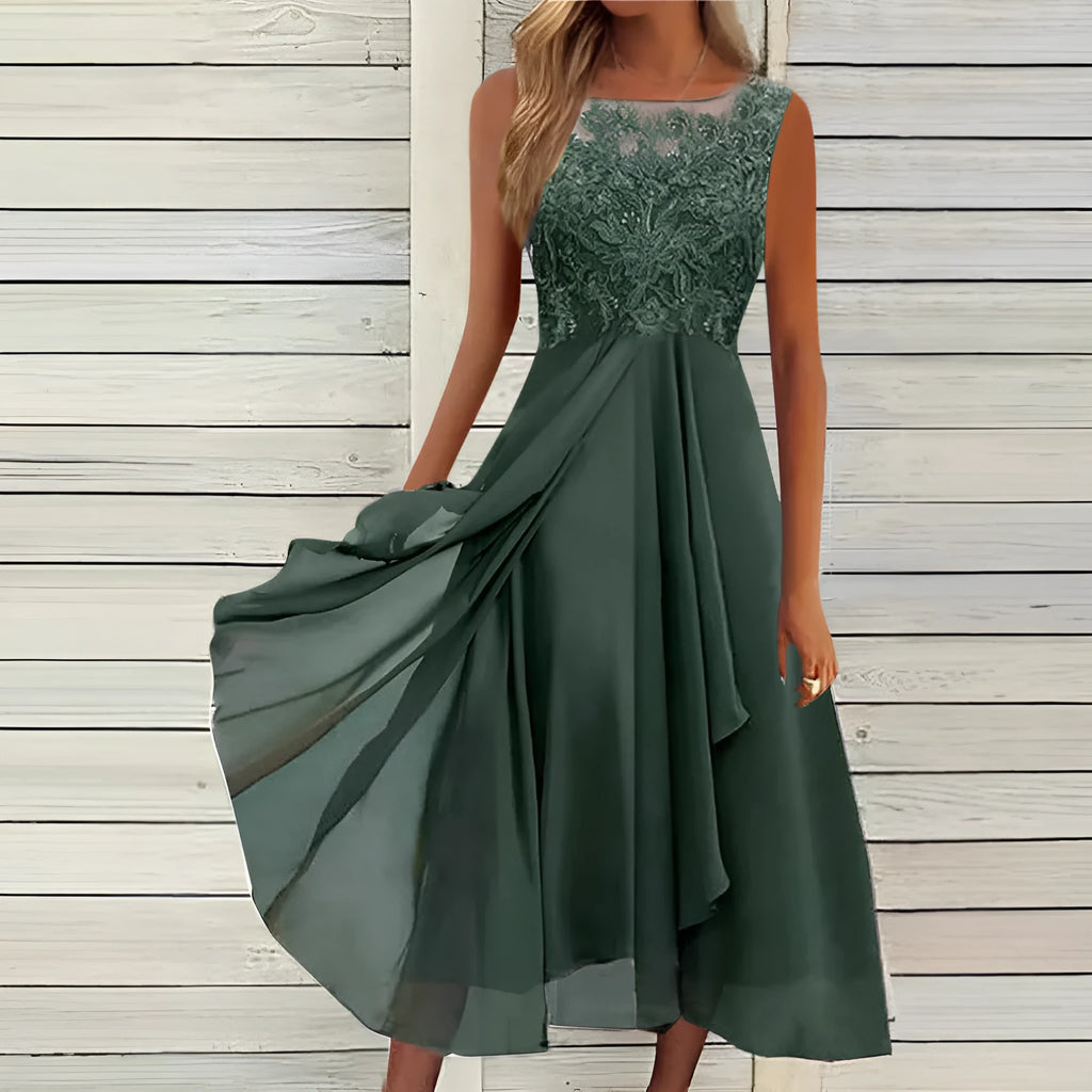 Women's sleeveless chiffon dress with lace stitching detail in midi length
