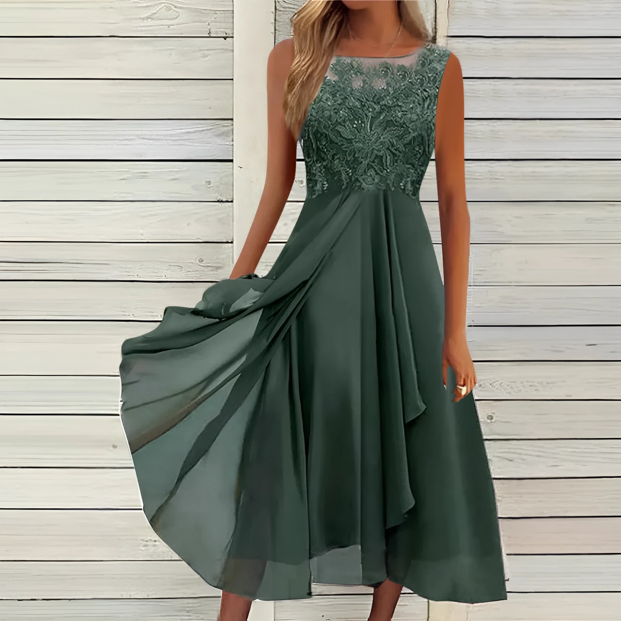 Women's sleeveless chiffon dress with lace stitching detail in midi length