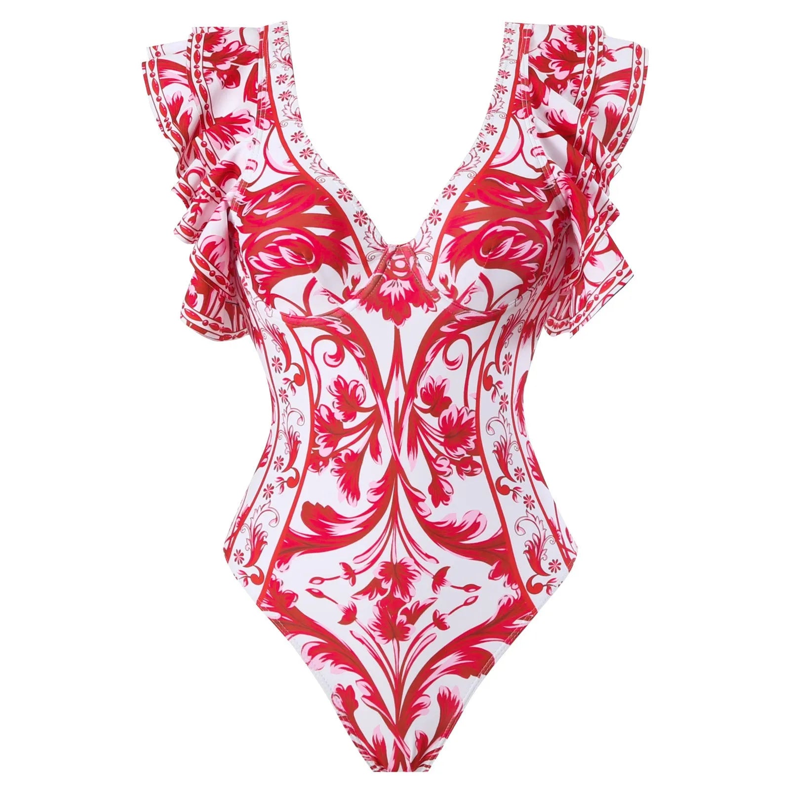 Women's one-piece polyester swimsuit in printed rose pink or blue with optional skirt design