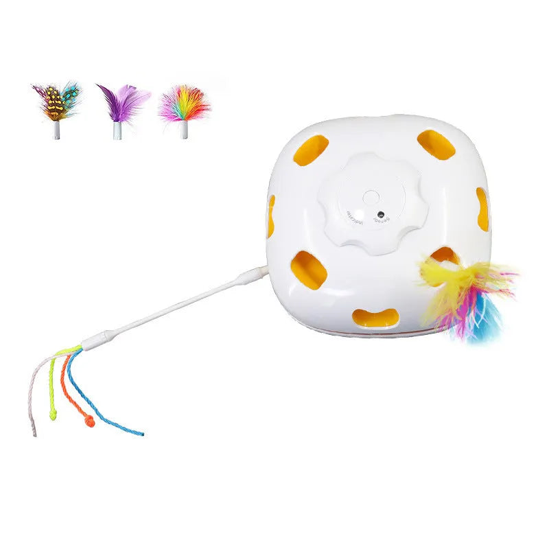 Colourful cat self-play toy with plastic base and interactive teaser rods