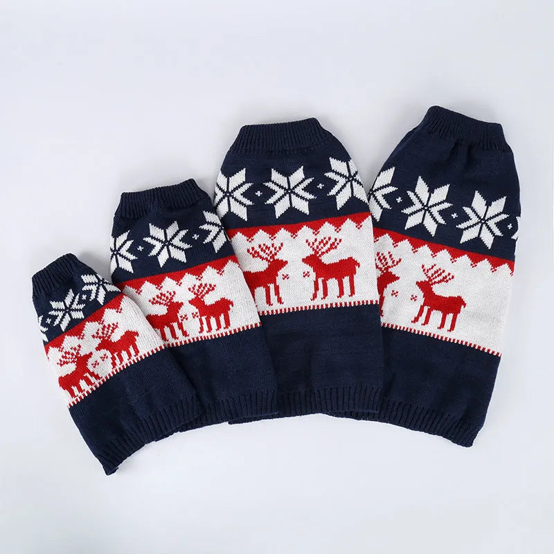 Navy blue knitted Christmas sweater for dogs on a small pet model