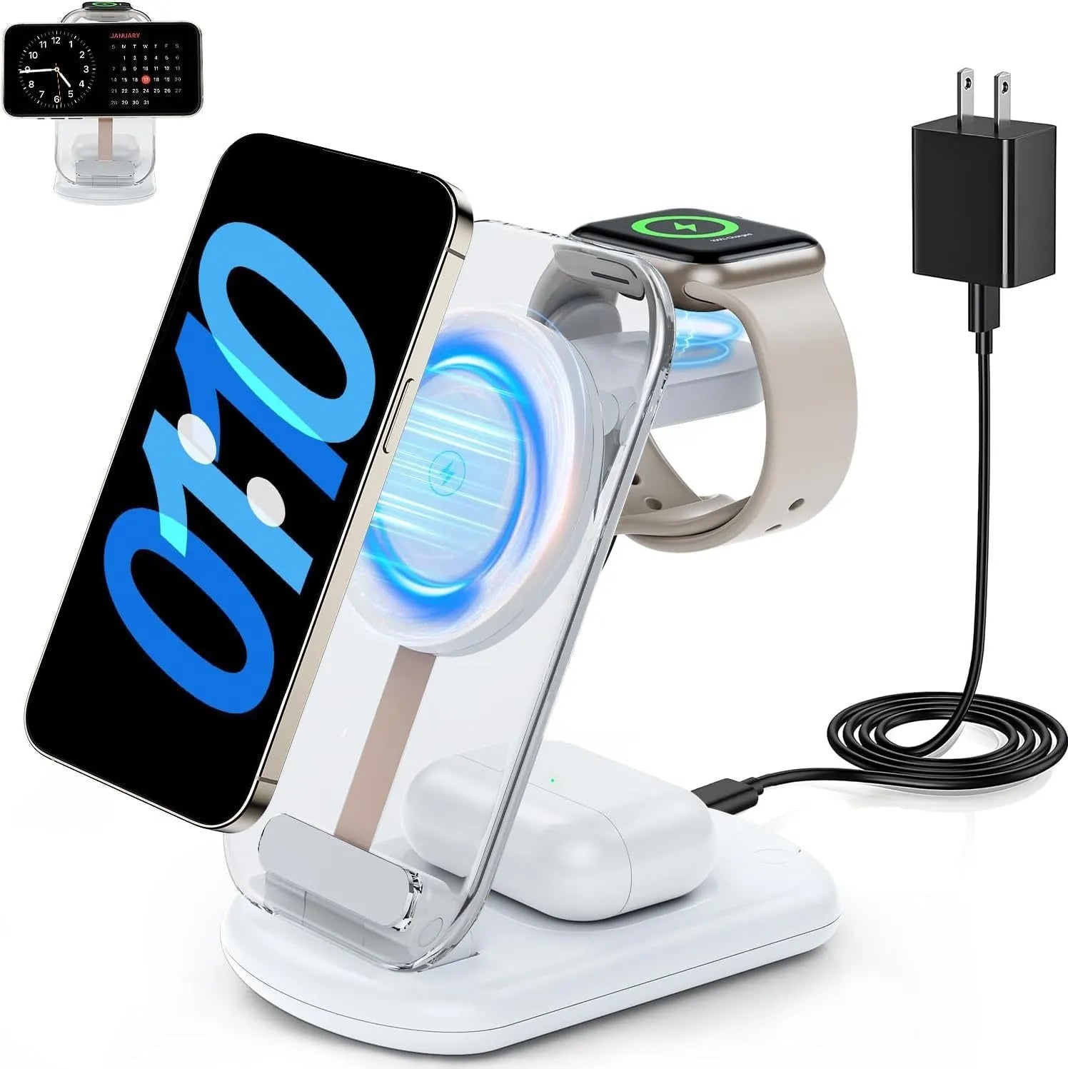 Transparent folding magnetic three-in-one wireless charger showing internal components with QC3.0 fast charge support