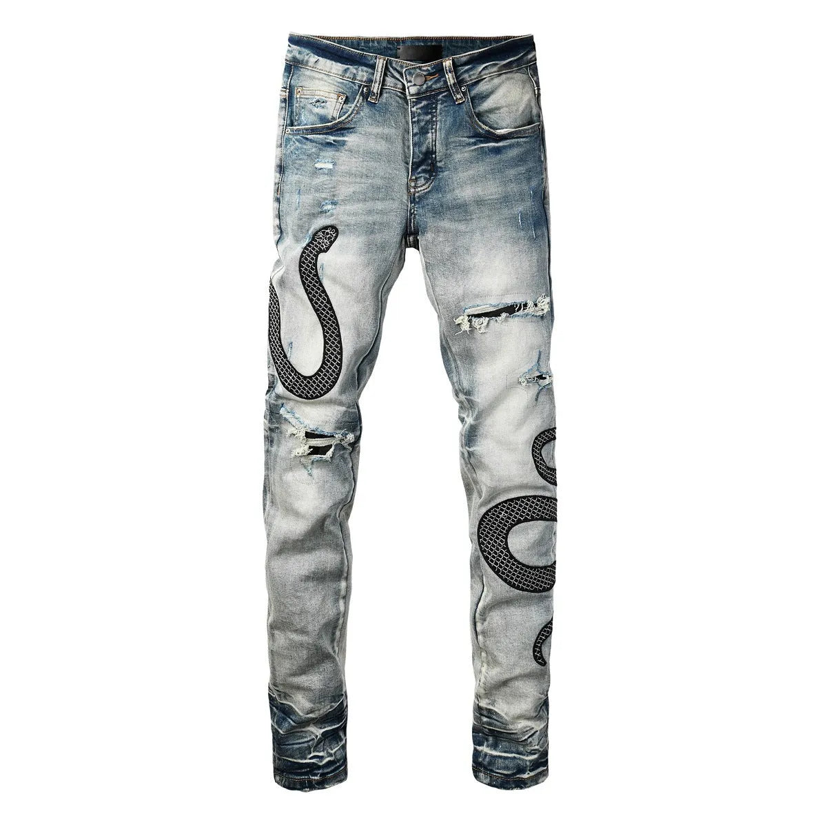 Blue distressed skinny jeans with a button fly on a mid waist, showing a slim fit and retro wash detail.