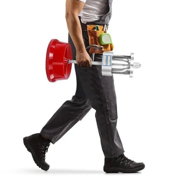 Portable aluminium hub tyre balancer with bull's eye level on enamel base.