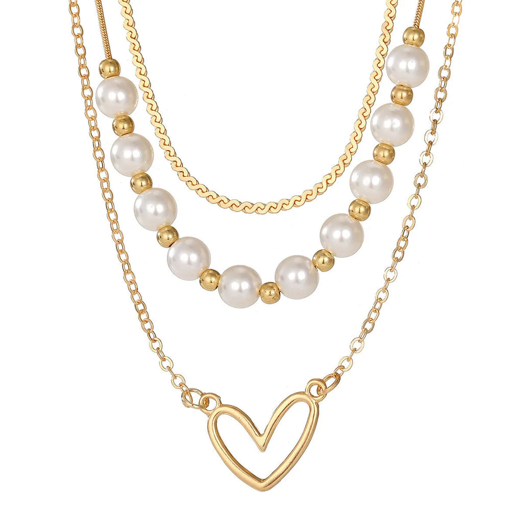 Vintage heart-shaped alloy necklace with pearl chain and electroplated gold finish
