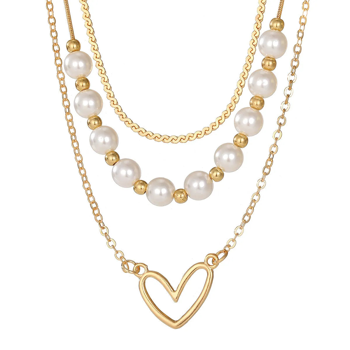 Vintage heart-shaped alloy necklace with pearl chain and electroplated gold finish