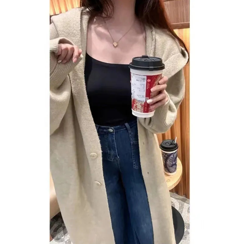 Women's long below-the-knee knitted cardigan with hood in wool blend fabric, loose fit, Korean style