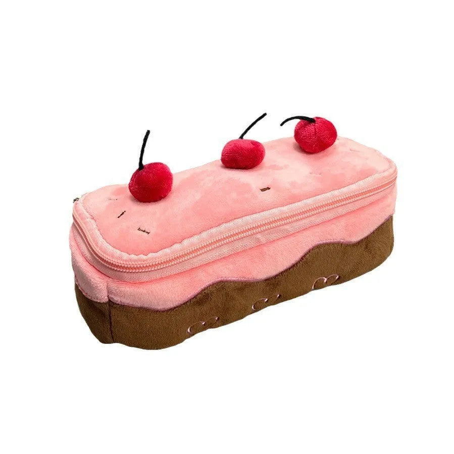 Cherry Cake pattern velvet pencil bag with zip closure in Korean style