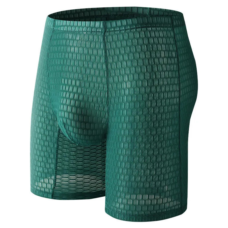 Men's lace boxer underwear in light purple on a grey background, showing the lengthened hip lift design.
