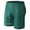 Men's lace boxer underwear in light purple on a grey background, showing the lengthened hip lift design.