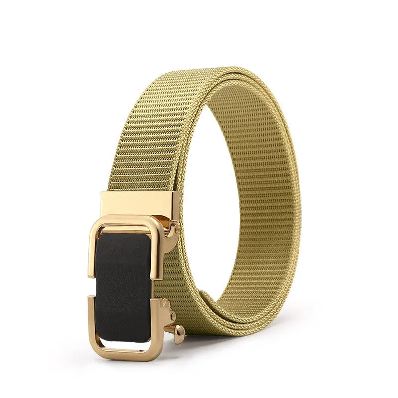 Men's nylon canvas belt with a silver toothless alloy buckle on a grey strap.
