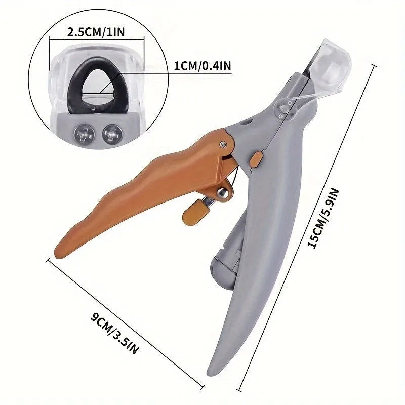 Yellow handheld LED pet nail trimmer with magnifying glass and steel blades for cats and dogs