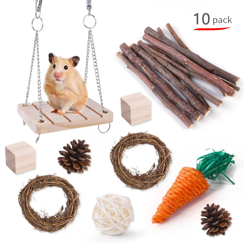 Assortment of wooden and natural fibre chewing toys for pet rabbits, guinea pigs, and parrots on a straw mat