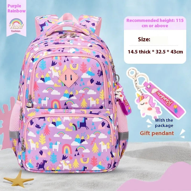 Blue children's school backpack with dinosaur print, showing curved straps and modern design.