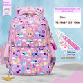 Blue children's school backpack with dinosaur print, showing curved straps and modern design.