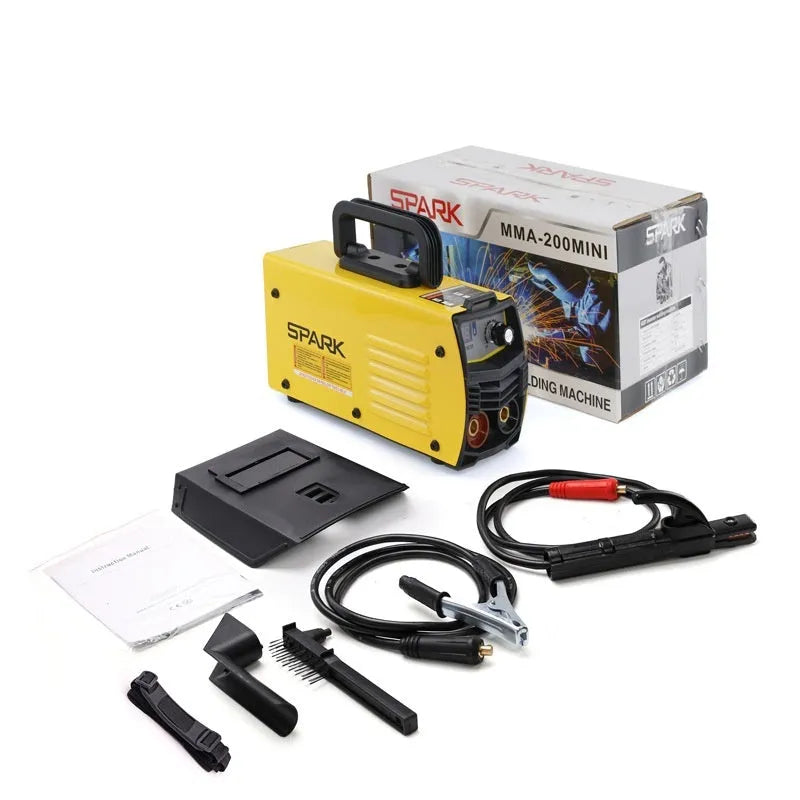 MMA-200MIN 220V DC welding machine with welding tongs, grounding clamps, face shield, and brush hangers