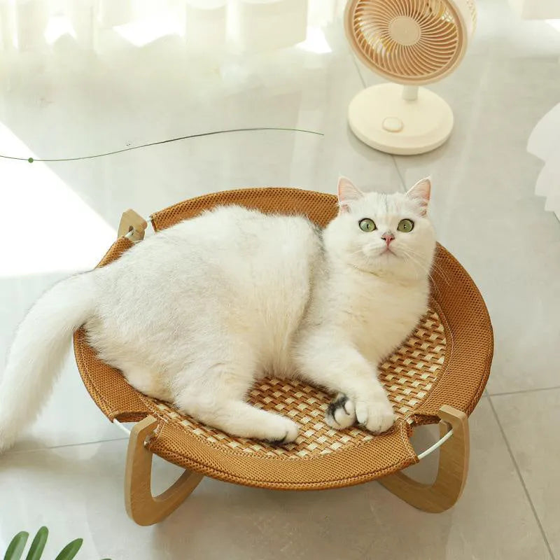 Brown woven rattan pet hammock bed measuring 46cm square with elevated design for cats and dogs