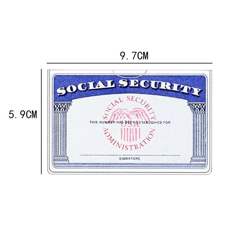 Transparent PVC social security card holder showing clear front and standard 9.7 by 5.9 cm dimensions.