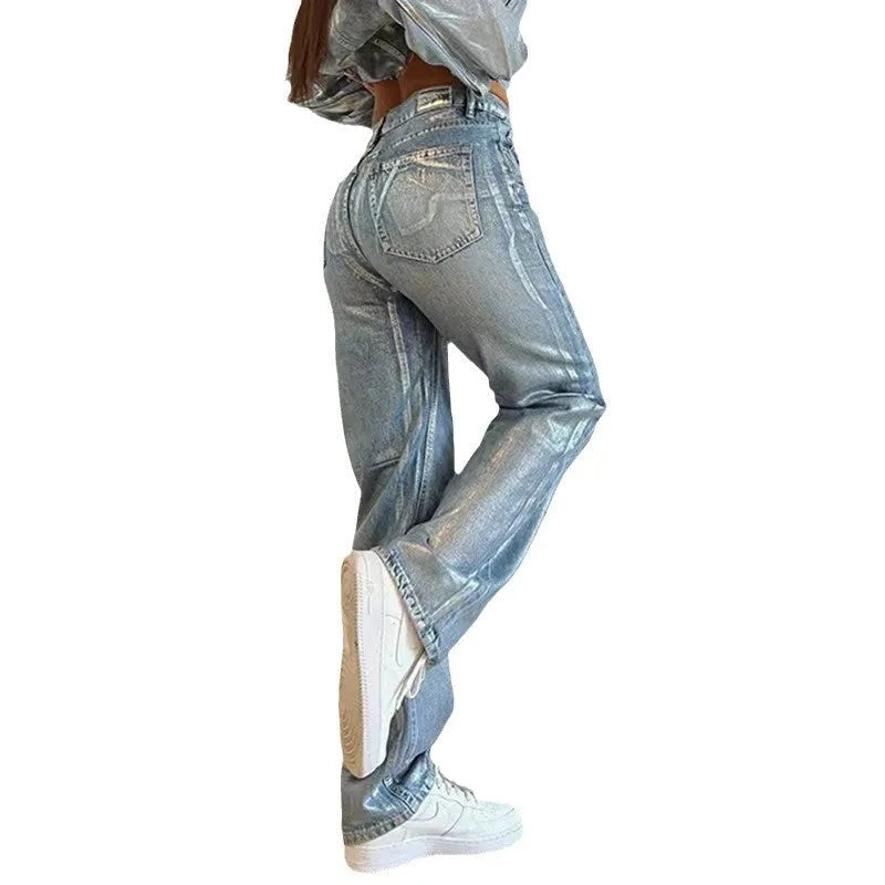 Personality blue high-waist straight-leg jeans with contrast colour details on cotton denim fabric