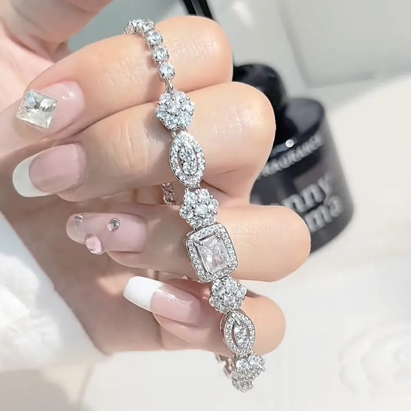 Women's S925 sterling silver-plated geometric bracelet with zircon stones and copper white gold plating