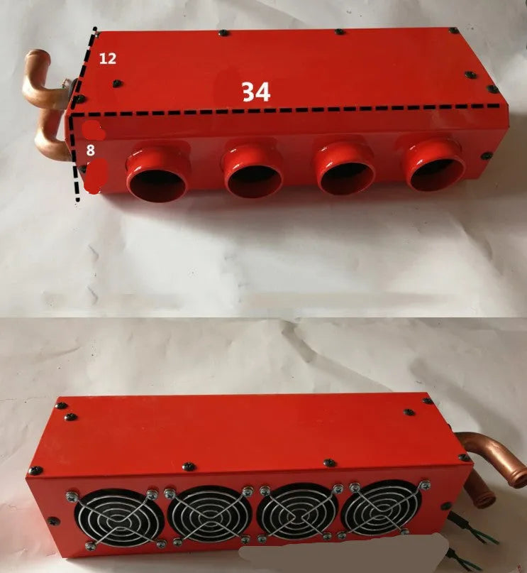 Metal car heater unit with copper pipe radiator for 12V and 24V vehicle installation.