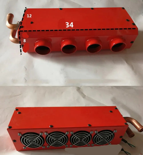 Metal car heater unit with copper pipe radiator for 12V and 24V vehicle installation.