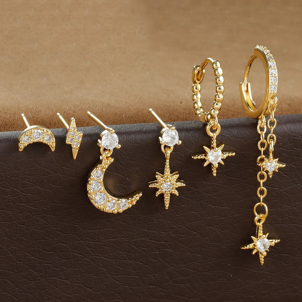 XINGX six-piece gold electroplated chain tassel earrings with zircon stud details for women