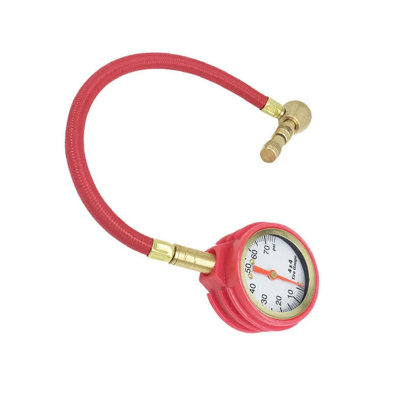 Mechanical off-road vehicle tyre pressure gauge with metal body and rubber shell, showing pressure dial.