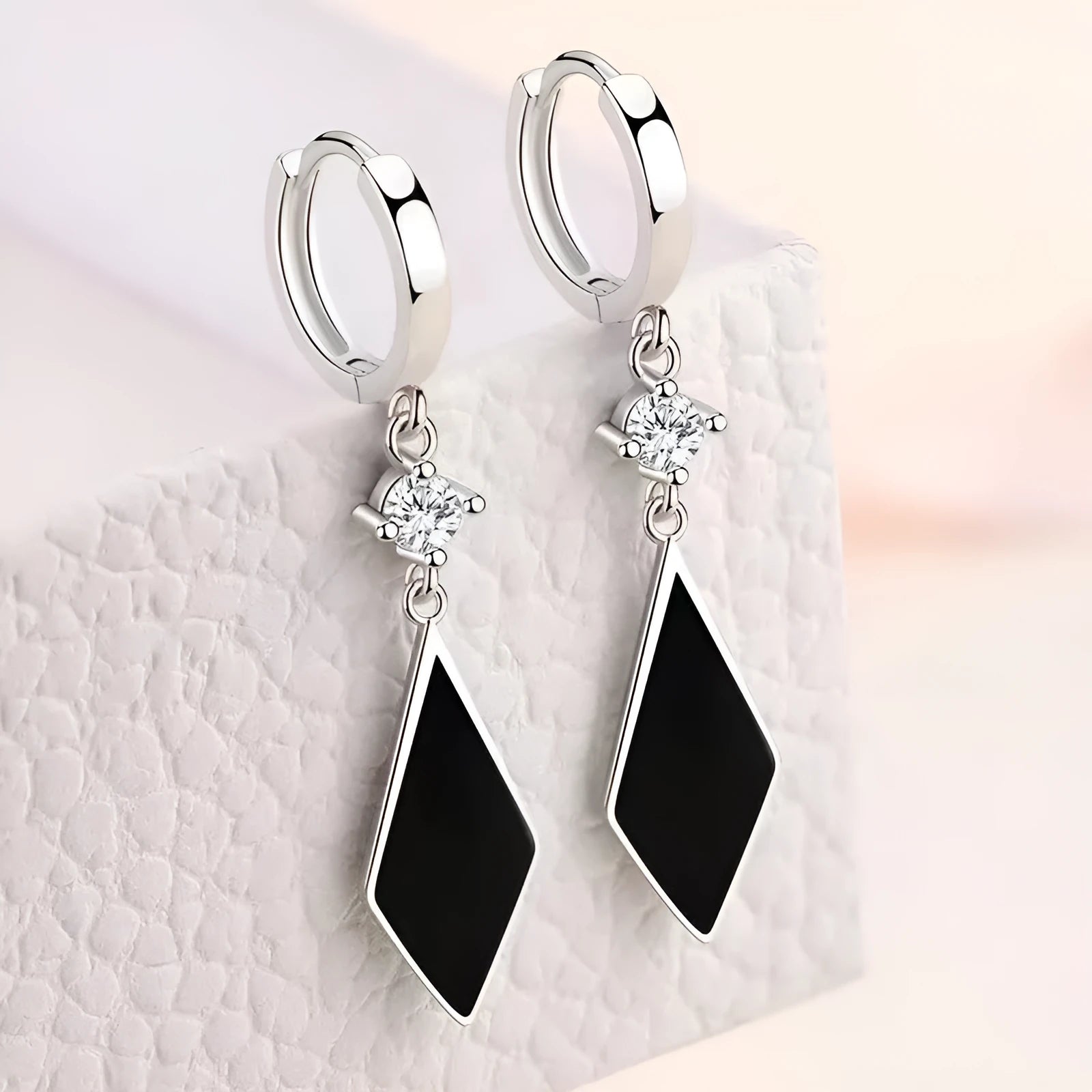 Vintage geometric diamond clip earrings with electroplated silver finish