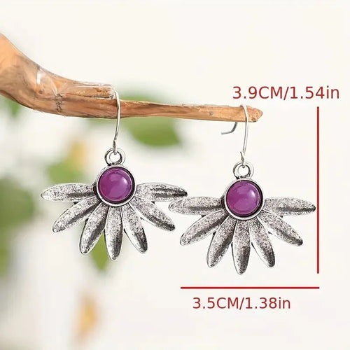 Purple Bohemian style floral earrings with resin gemstone details and zodiac animal modelling in alloy metal