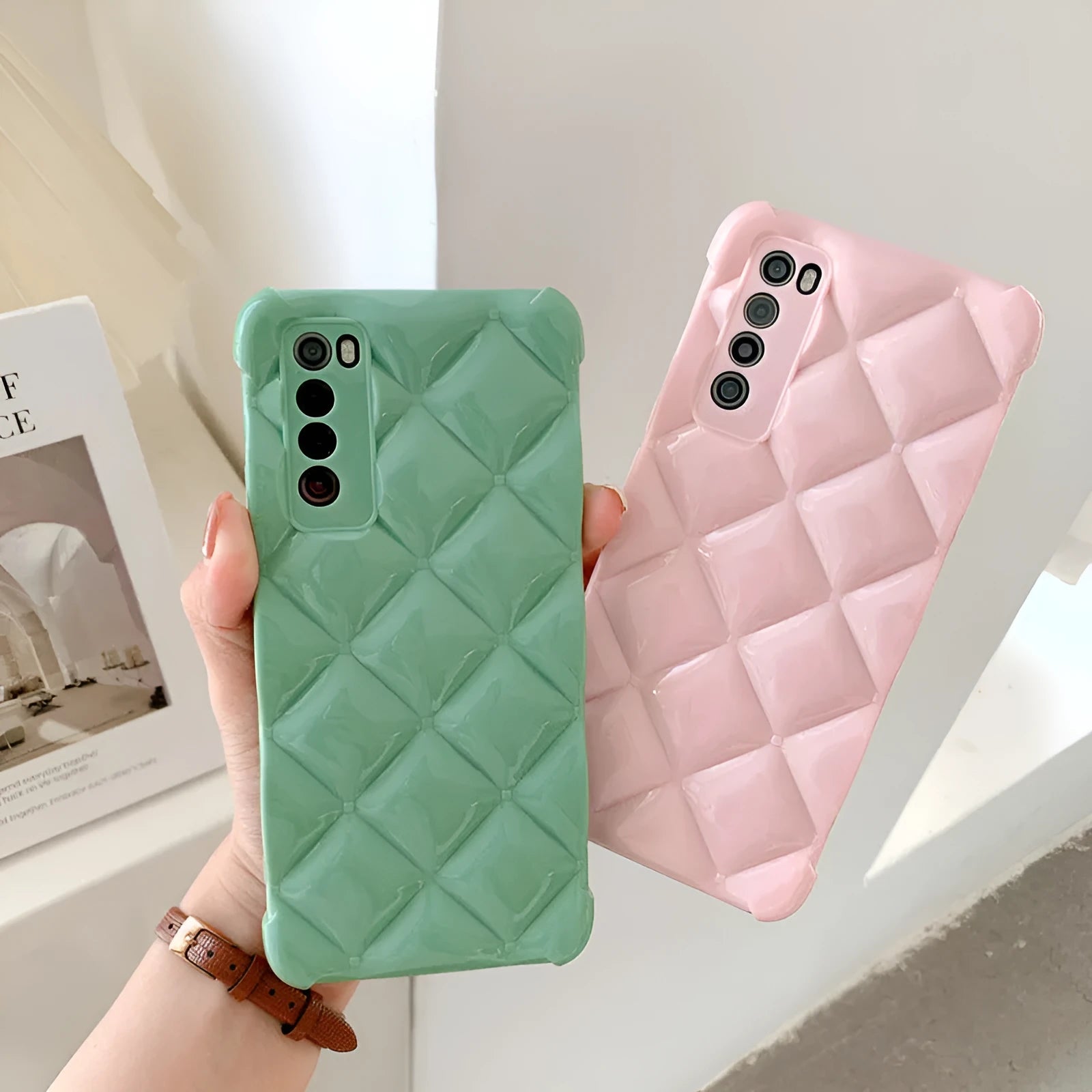 Silicone diamond pattern phone case for Huawei models in black, green, pink or white.