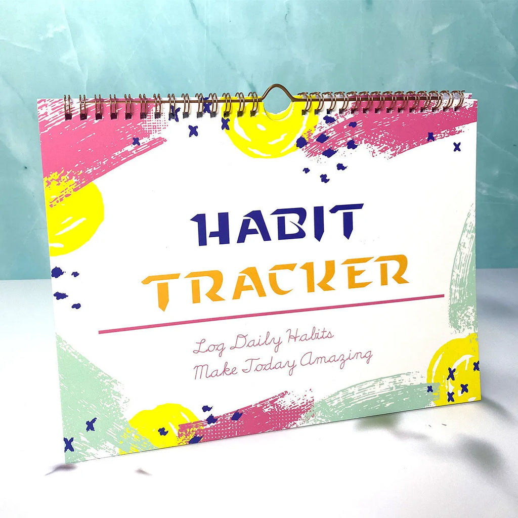 English habit tracking device showing 21cm by 28cm size with 12 internal pages for self-discipline planning