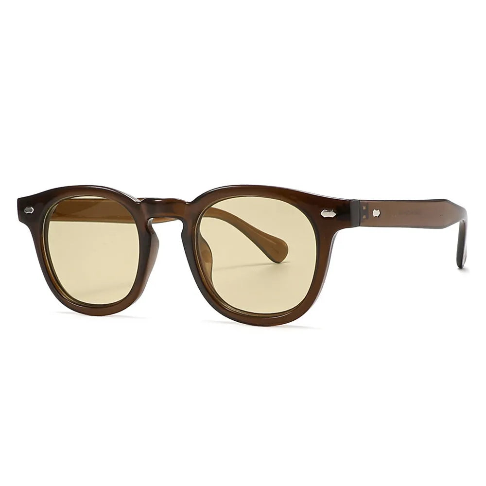 Round rim plastic sunglasses in bright black frame with black and grey lenses