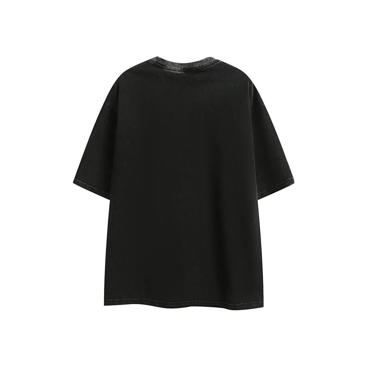 Purple and black loose-fit short-sleeved cotton t-shirt with embroidered retro design on a washed fabric.