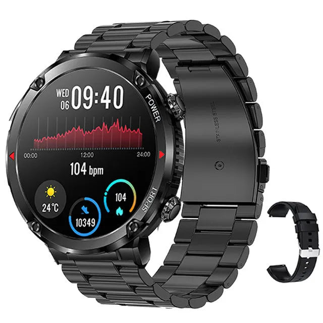 T30 Smart Watch with black silicone strap on a wrist, showing a fitness tracking display on its IPS screen.