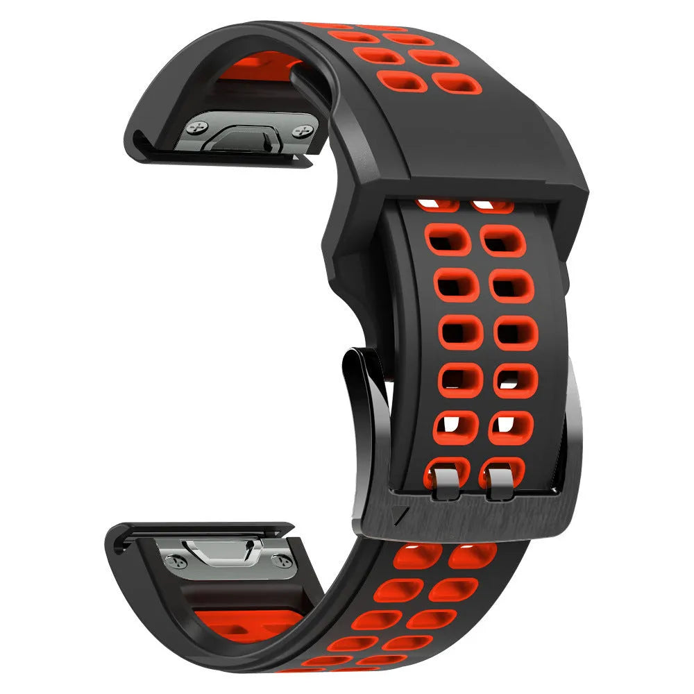 Quick release two-colour silicone watch strap in black orange combination with pin buckle