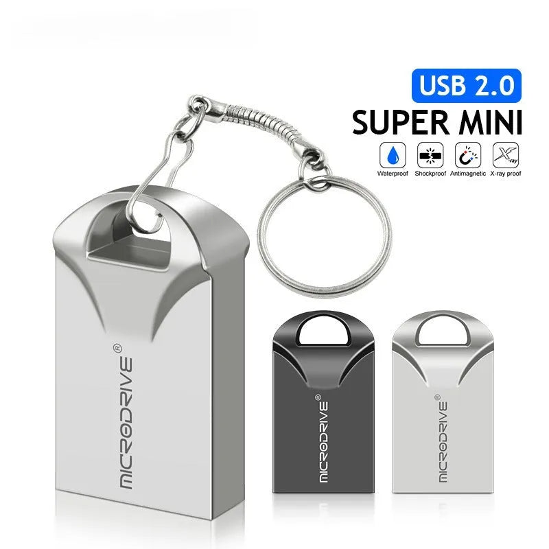 Mini black and silver metal USB flash drive showing compact 23x12x8mm size