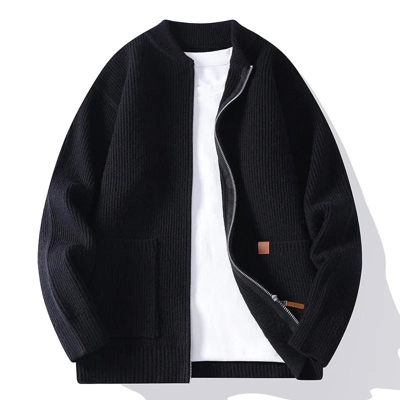Men's striped cardigan jacket in a straight fit, shown in beige colour.
