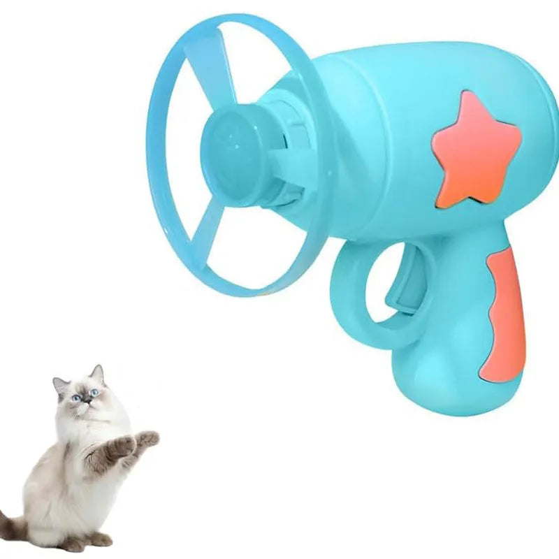 Blue interactive cat toy gun with plastic frisbee measuring 11cm tall for indoor feline play