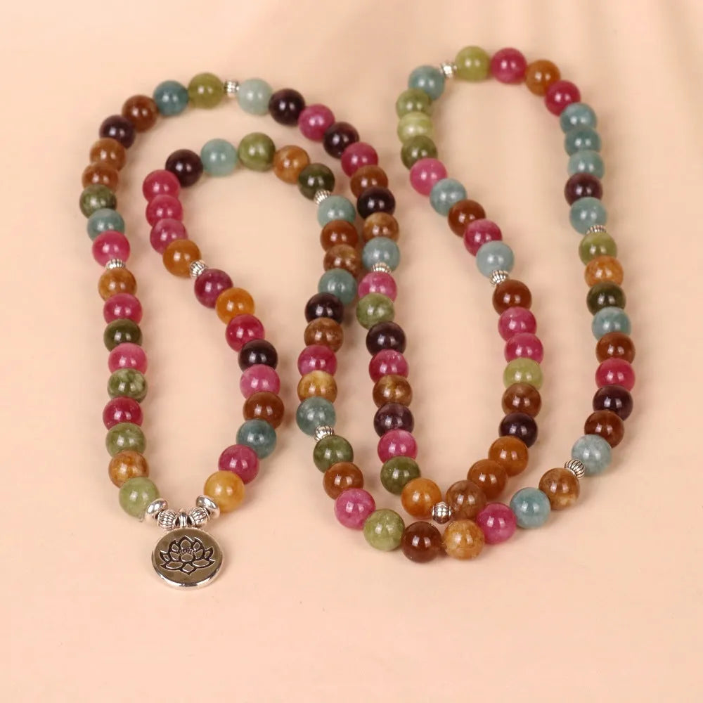 108-bead hanging bracelet in tourmaline colour with alloy beads and multi-layer lotus string design